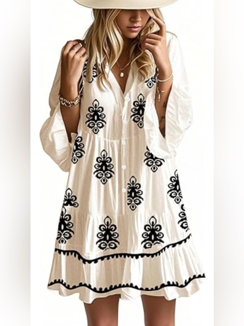 OPEMIBY Flowy Ruffle 3/4 Sleeve V-Neck Tiered Babydoll Boho Mini Dress S NWOT
